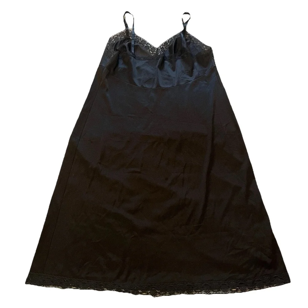 VTG‎ Vanity Fair Black Satin Lace Slip Dress Women's 40 L Sexy Coquette Witchy